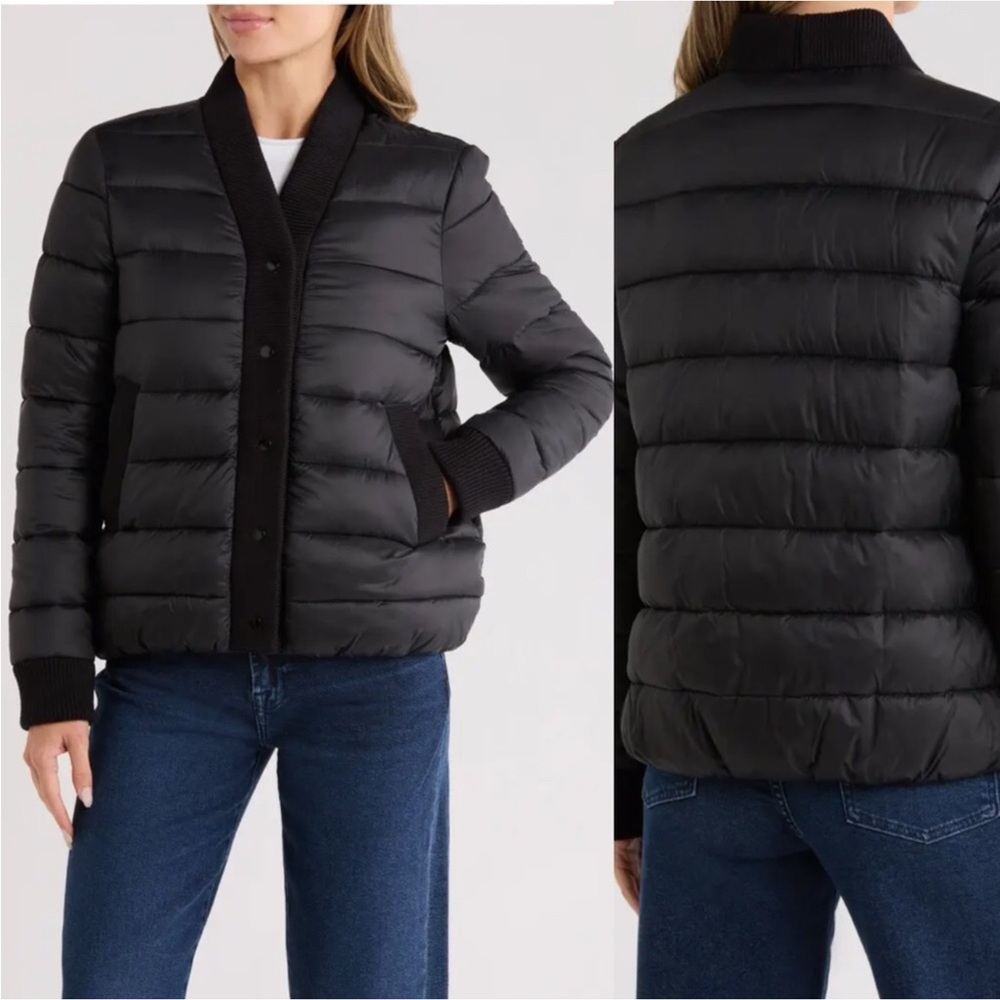 Rebecca Minkoff Quilted Bomber Puffer Jacket Ribbed Trim Black Coat